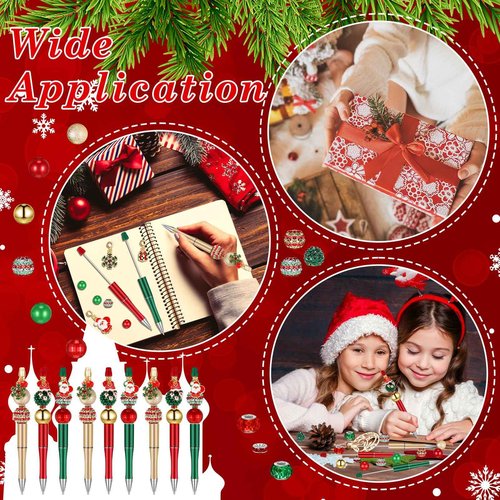 Fulmoon 24 Pcs Christmas Beadable Pens Bulk Plastic Bead Pens with 108 Pcs Assorted Beads 24 Pcs Charms Snowmen Santa Snowflake for Christmas Gifts School Office Supplies(Red, Green, Gold, Santa)