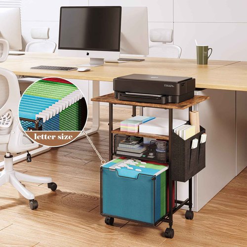 Rolling File Cabinet with Extended Desktop,2 Drawer Small File Cabinet for Home Office,Under Desk Storage with Side Bag,Filing Cabinet Cart File Folder Organizer with Wheels,Printer Stand Storage Cart