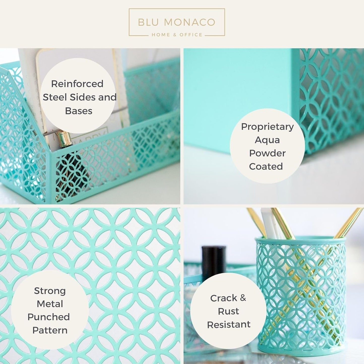 BLU MONACO Aqua Teal 6-Piece Desk Organizer Set | Stylish Office Accessories for Women