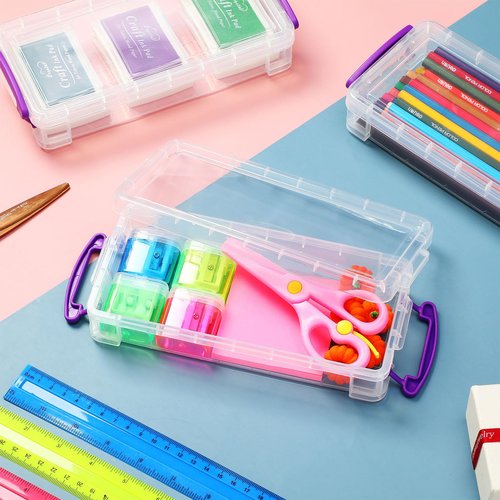 Zonon Large Capacity Pencil Box Stackable Clear Plastic Storage Organizer Painting Brush Storage Box Translucent Watercolor Pen Case with Snap Button Lid（Purple, 12 Pcs）