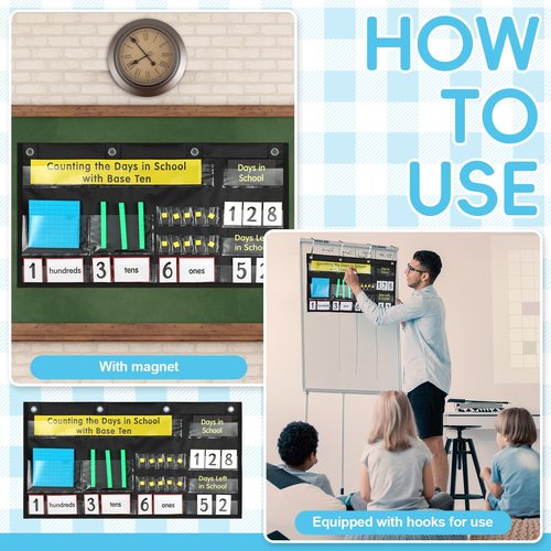 Resurhang Back to School Counting The Days with Base Ten Pocket Chart Place Value, Counting Caddie Pocket Chart for Classroom Bulletin Board School or Home Decor, 4 Hooks(Black,Classic Style)