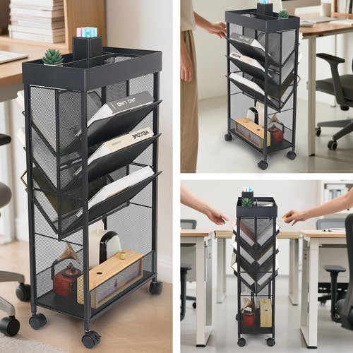 gianotter Book Rack Storage Bookshelf, 5 Tier Book Carts with Wheels, Rolling Cart Organizer for Study Office Kitchen Classroom