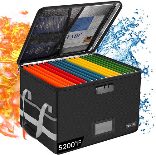 Large File Box with lock, Fireproof File Box for Documents, 5200°F Fire Resistant File Storage Box, Filling Cabinet with Handle for Hanging Letter/Legal Folder, Collapsible Filing Box for Home Office