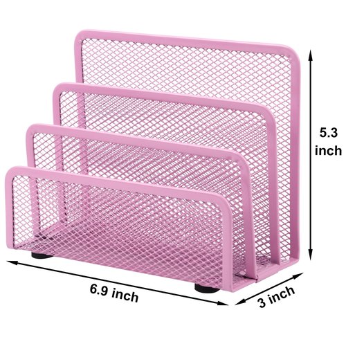 EASEPRES Desk Mail Organizer, Office Small Desktop Metal Mesh Envelope Letter Sorter Paper File Holder Organizer with 3 Vertical Upright Compartments, Pink 2 Pack