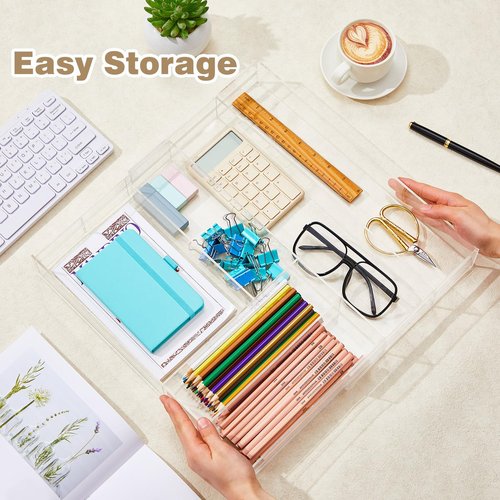Briwooody Acrylic Drawer Organizer Maximum 15 x 18 x 2 Inch Expandable Drawer Organizer Pens Notebook Ruler Makeup Tray with 7 Adjustable Compartments for Desk Office Kitchen Bathroom(Clear)