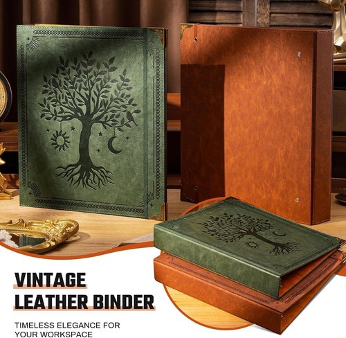 Ovesmusl Leather D-Ring Binder - 1.5 Inch Holds 400 Sheets | Fits 8.5"x11" Letter Size Paper, Green Tree