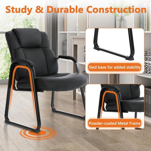 CLATINA Big & Tall Office Chair - 500lbs Capacity Leather Reception Chair | Wide Seat, No Wheels, Black