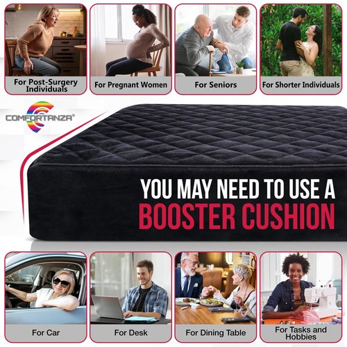 COMFORTANZA Booster Cushion for Adults - 18x18x5 Medium-Firm Seat Cushion for Home, Office, Wheelchair, Car - Washable Velvety Cover with Waterproof Layer, Removable Strap & Non-Slip Base - Black
