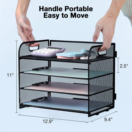 NCXTKJ 4-Tier Mesh Letter Tray Paper Organizer, Desk File Organizer with Handle - Black