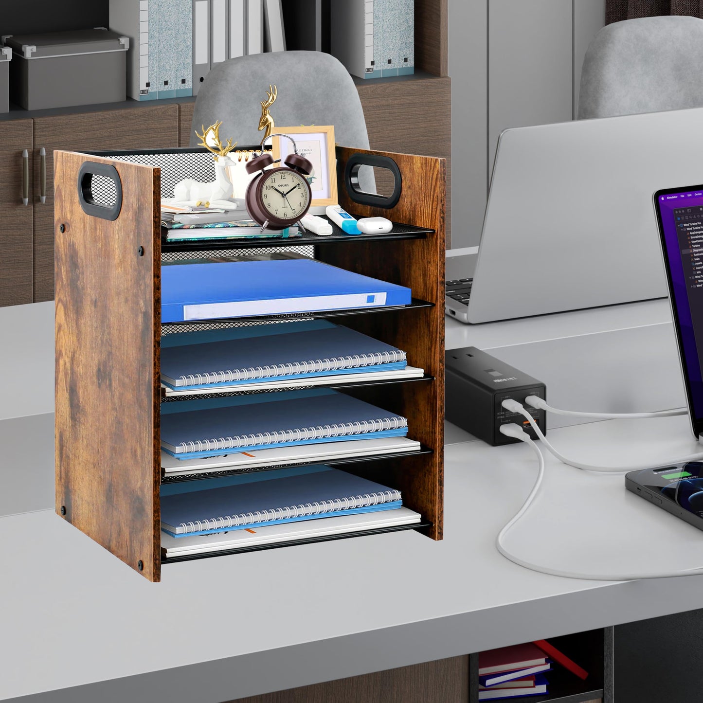 Boershun Desk Organizer - 5-Tier Desktop File Organizer, Wooden Paper Tray Organizer, Office Desk Organzier and Accessories for Papers, Mail, Notebooks, Stationery