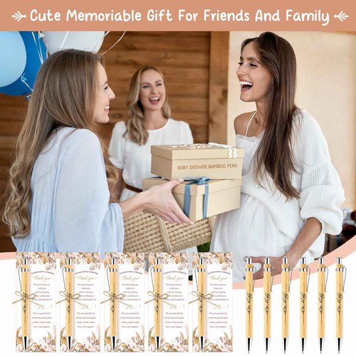 EYNDYN 100 Set Boho Baby Shower Ballpoint Pens Gifts Bulk for Guest Wood Bamboo Pens With Thank You Cards Bohemian Pampas Grass Floral Girl Boys Party Favors Souvenirs Prizes