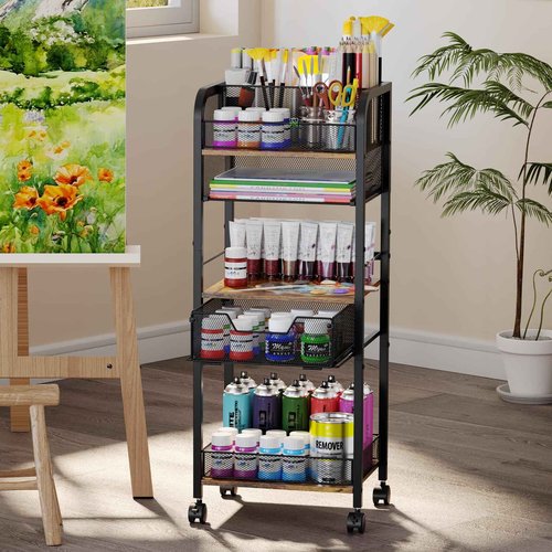 5-Tier Metal Rolling Utility Cart with Drawer, Craft Storage Cart with DIY Divider and Lockable Wheel, Versatile Paint Brush Holder & Paint Organizer & Craft Organizers and Storage for Drawing Room