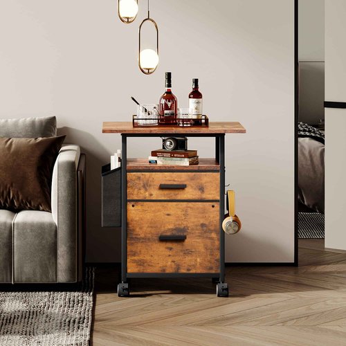 NASHZEN File Cabinet Printer Stand, Fabric Mobile Filing Cabinet with 2 Storage Drawers, for Hanging A4, Letter Size File Folders, Open Shelf with Storage Bag and Hooks Home Office, Rustic Brown