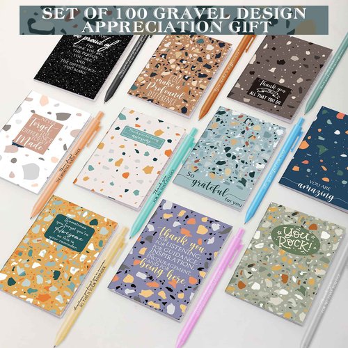 PerKoop 100 Sets Christmas Mini Pocket Notebook with Pens Bulk Motivational Employee Appreciation Gifts Inspirational Marbling Notepad with Colorful Pens for Teacher Coworker Team