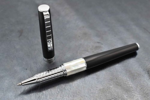 Xezo Speed Master Fine Rollerball Pen. Matte Black with White Mother of Pearl. Chrome Plated. Sporty Lightweight Brass Body. Each Unique