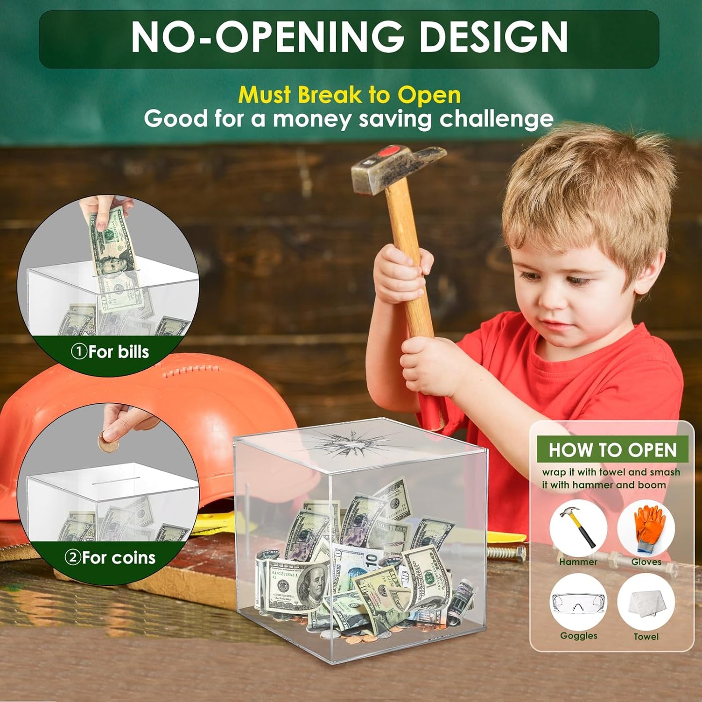 Vcetrcpl Acrylic Clear Piggy Bank - Unbreakable Money Saving Box for Adults | Large 12x12CM Size
