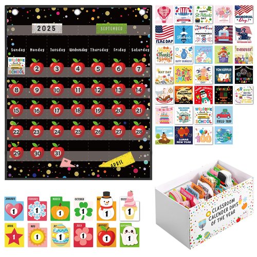 AmazingSpark 439 Pcs Classroom Calendar Number Days of The Year Set with Confetti Pocket Chart Storage Box and Cards Calendar Numbers for Classroom Bulletin Board School Elementary Learning Activity