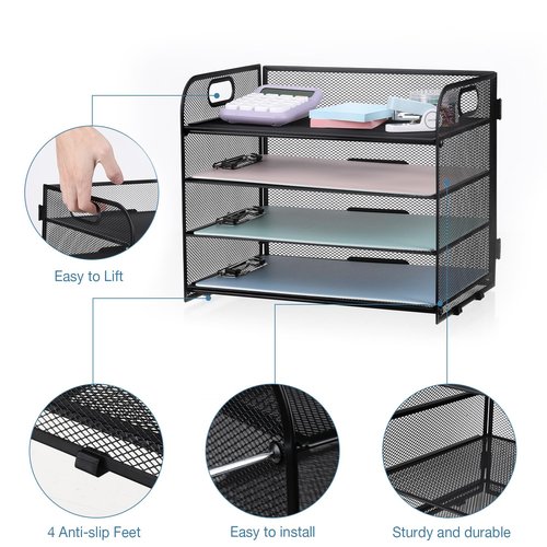 NCXTKJ 4-Tier Mesh Letter Tray Paper Organizer, Desk File Organizer with Handle - Black