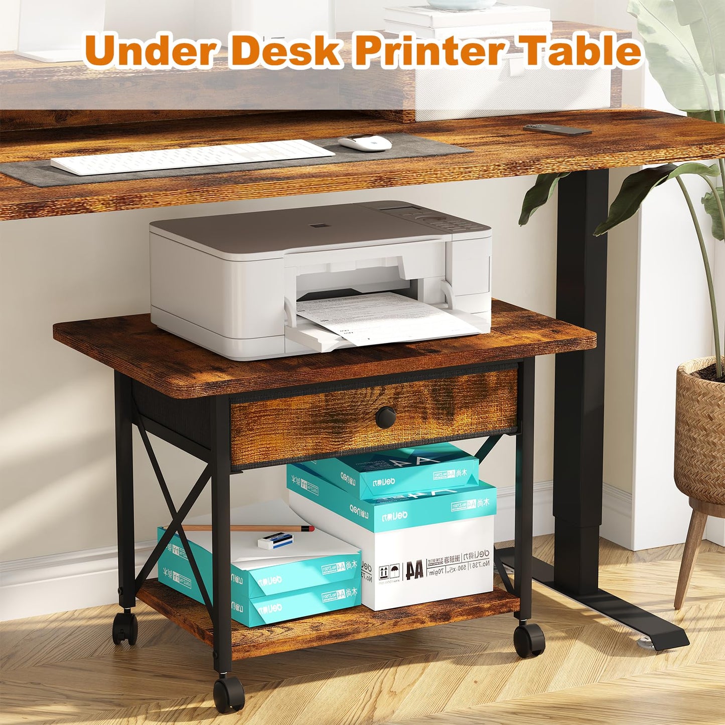 EasyCom 23.6" x 15.7" Under Desk Printer Stand with Storage Drawer, 2-Tier Shelf Desktop Printer Table for Desk with Wheels, Large Rolling Cart for Home Office Fits 3D Printer Scanner Rustic Brown