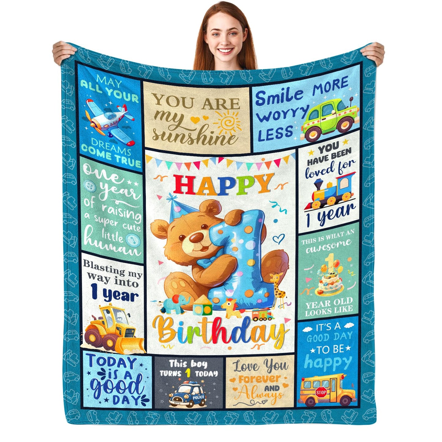CIUGOIG 1 Year Old Boys Gifts, Happy 1st Birthday Blanket 50"x40", 1st Birthday Gifts for One Year Old Boys, Baby Boy First Birthday Gift Ideas, Teddy Bear 1st Birthday Decorations for Boy Blanket
