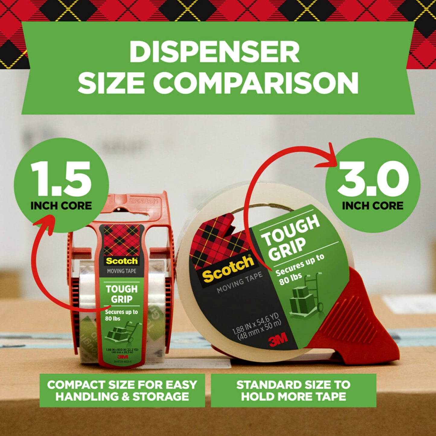 Scotch Tough Grip Moving Packing Tape, Clear, Moving Tape that Secures Boxes up to 80 Pounds, 1.88 in. x 54.6 yd., 1 Tape Roll