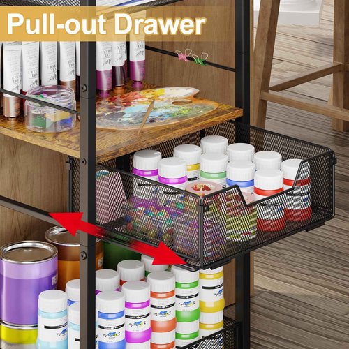 5-Tier Metal Rolling Utility Cart with Drawer, Craft Storage Cart with DIY Divider and Lockable Wheel, Versatile Paint Brush Holder & Paint Organizer & Craft Organizers and Storage for Drawing Room