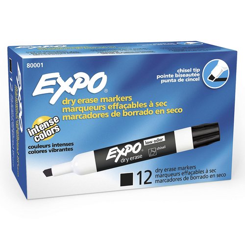 EXPO Low Odor Dry Erase Markers Black Chisel Tip for Versatile Lines Perfect for Home Classroom and Office Pack of 12