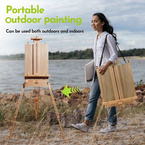 CONDA Large Wooden French Easel and Sketchbox Easel, Adjustable Tripod Easel Stand with Drawer and Palette for Artist, hobbyists, Professionals, Ideal Easel for Painting, Sketching, and Display