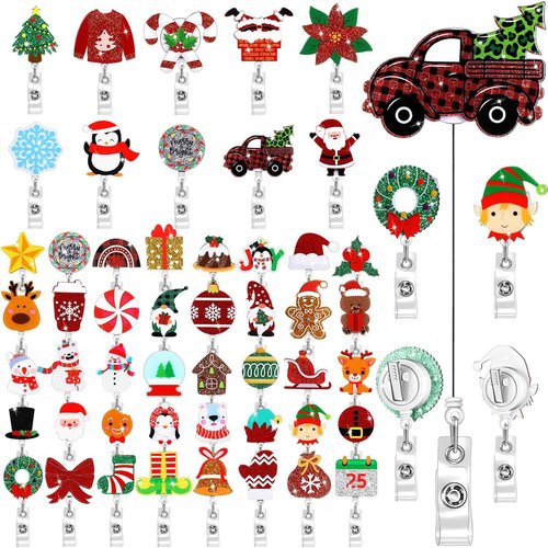 Qilery 50 Pcs Christmas Badge Reel Retractable Christmas Badge Holder Bling Holiday Reels Glitter Xmas Acrylic ID Name Holder with Alligator Clip for Workers Nurses
