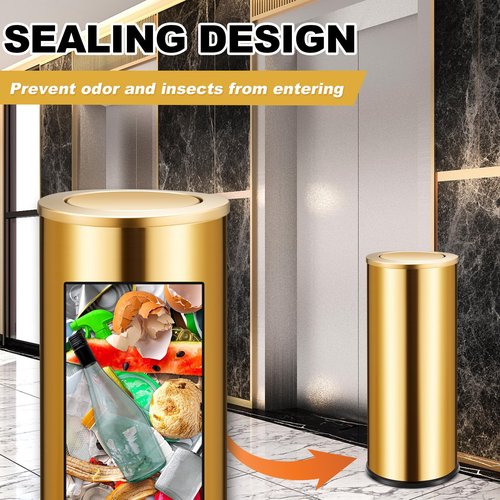 Reallnaive 30L/8GAL Gold Lidded Trash Can with 100 Garbage Bags Metallic Gold Brass Kitchen Garbage Bin with Flip Lid Commercial Compact Waste Basket for Shopping Centers, Elevator Doors, Hotels