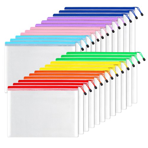SUNEE Plastic Mesh Zipper Pouch 11x16 in (8 Colors, 24 Packs),Extra Large Water-Resistant Zip Bag for School Office Supplies, Puzzles & Games Organizing Storage