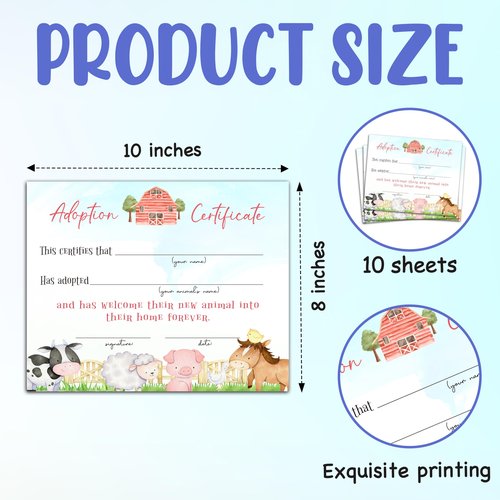 Farm Animals Adoption Certificate -10 Pcs, Adopt an Animal Certificate for Girl Boy, Adopt A Pet Party Favor, Farm Birthday Party Decorations Supplies -A26