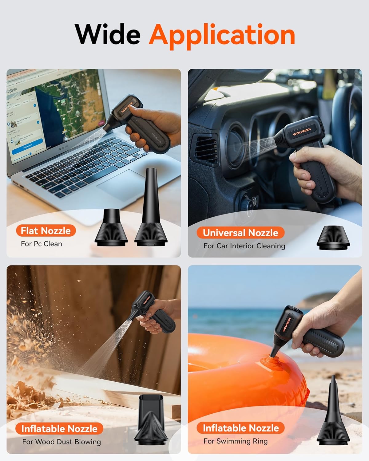 WOLFBOX Compressed Air Duster | 110000RPM Electric Blower with 3-Speed Adjustable Power - Fast Charging, 5 Nozzles for PC & Home Cleaning
