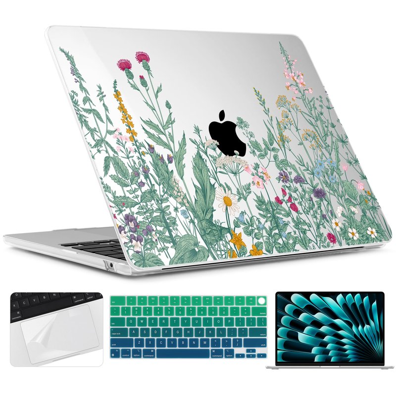 TWOLSKOO for MacBook Air 15 inch Case 2026 2025 2024 2023 Release M5 A3448 M4 A3241 M3 A3114 M2 A2941, Plastic Hard Shell & Screen Protector & Keyboard Cover & Trackpad Film, Botanical Illustration