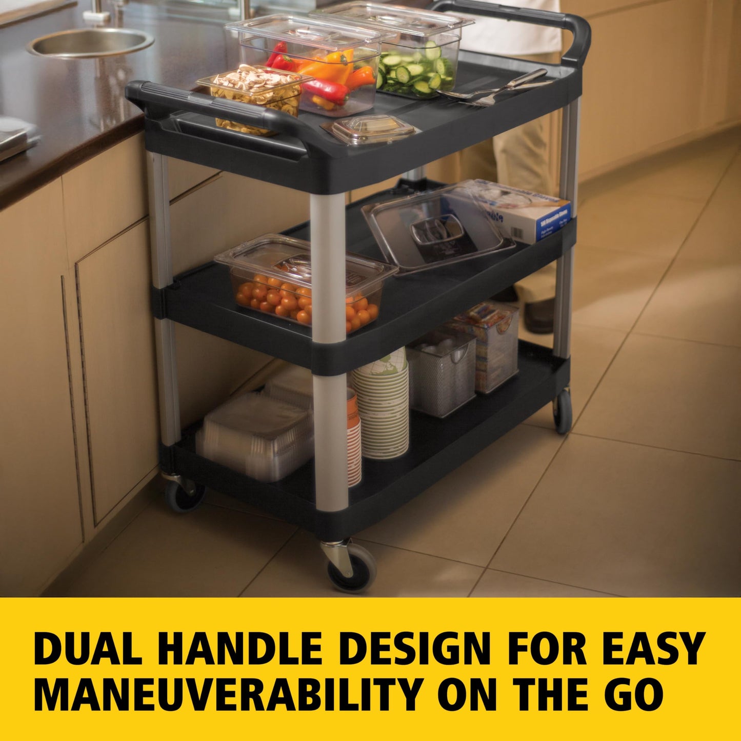 Rubbermaid Commercial Products Heavy Duty 3-Shelf Rolling Service/Utility/Push Cart, 300 lbs. Capacity, Black, for Restaurant/Cleaning/Office use (FG409100BLA)