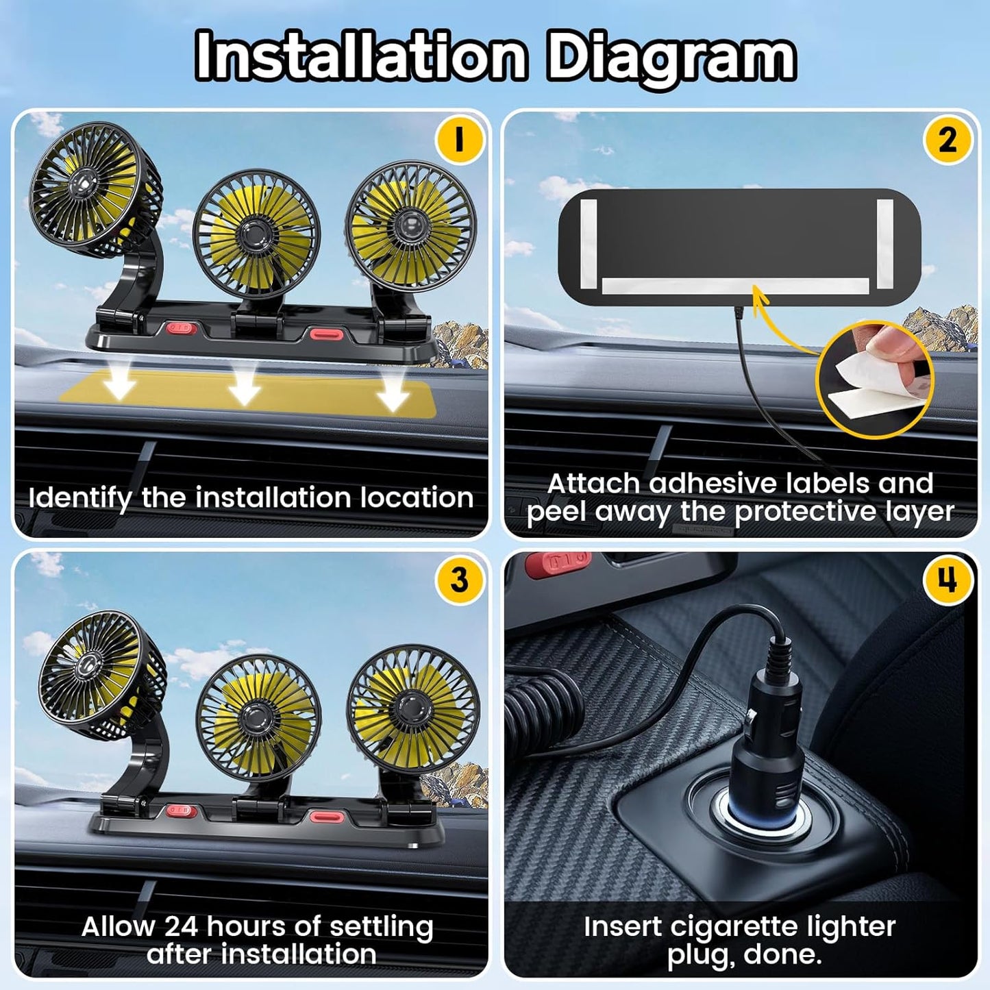 Skiennix Portable 3-Head Car Cooling Fan - Efficient Vehicle Air Circulation | Cigarette Lighter Plug