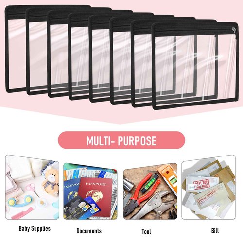 Outus 8 Pcs Clear Zipper Pouches Pencil Pouches PVC Makeup Pouch Envelopes Folder Storage Multi Purpose Pouch Document File Organization Bags, Office Supplies (Black Edgin,13 x 10.5 Inches)