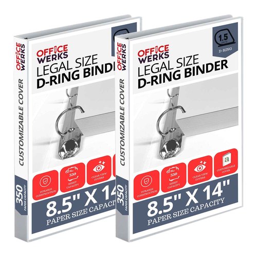 Performore - Office Werks Heavy Duty 2-Pack Legal Size View Binder - 14" x 8.5", White, 1.5 Inch D-Ring, Back Mount Binder