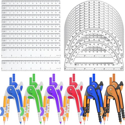 Skiennix 36-Pack Math Compass & Protractor Set - Durable Plastic Rulers & Pencils for Geometry