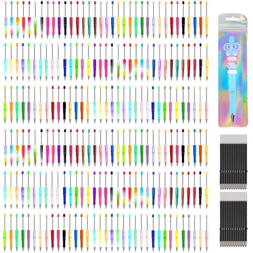 Jaoruizer 200 Pcs Beaded Pens with 200 Refills and 200 Packaging Bags, DIY Black Ink Bead Pens Bulk, 600 Pcs Beadable Pen Kit for Kids Students Teachers Office School Supplies, 50 Colors