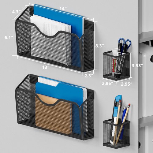 JANE EYRE Magnetic File Holder - 2pcs Hanging File Organizer Magazine Document Paper Holders with 2pcs Pen Holders for Classroom Cabinets Office,No Drilling(BLACK)