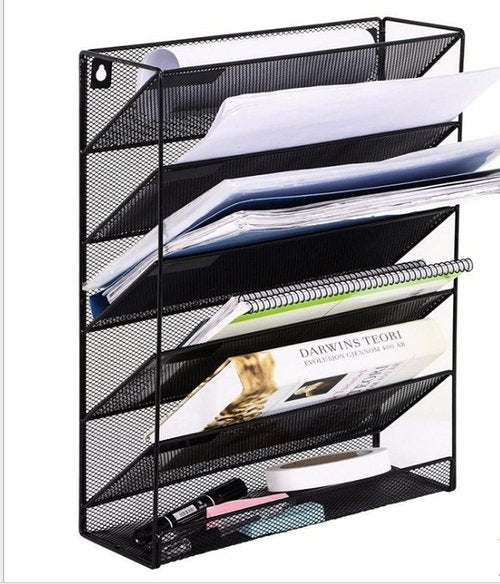 JINGWAYS Hanging Wall File Organizer Magazine Holder Mail Sorter Magazine Rack Office Supplies Metal Mesh Desk Organizer with Bottom Flat Tray, 6 Tier (BLACK)