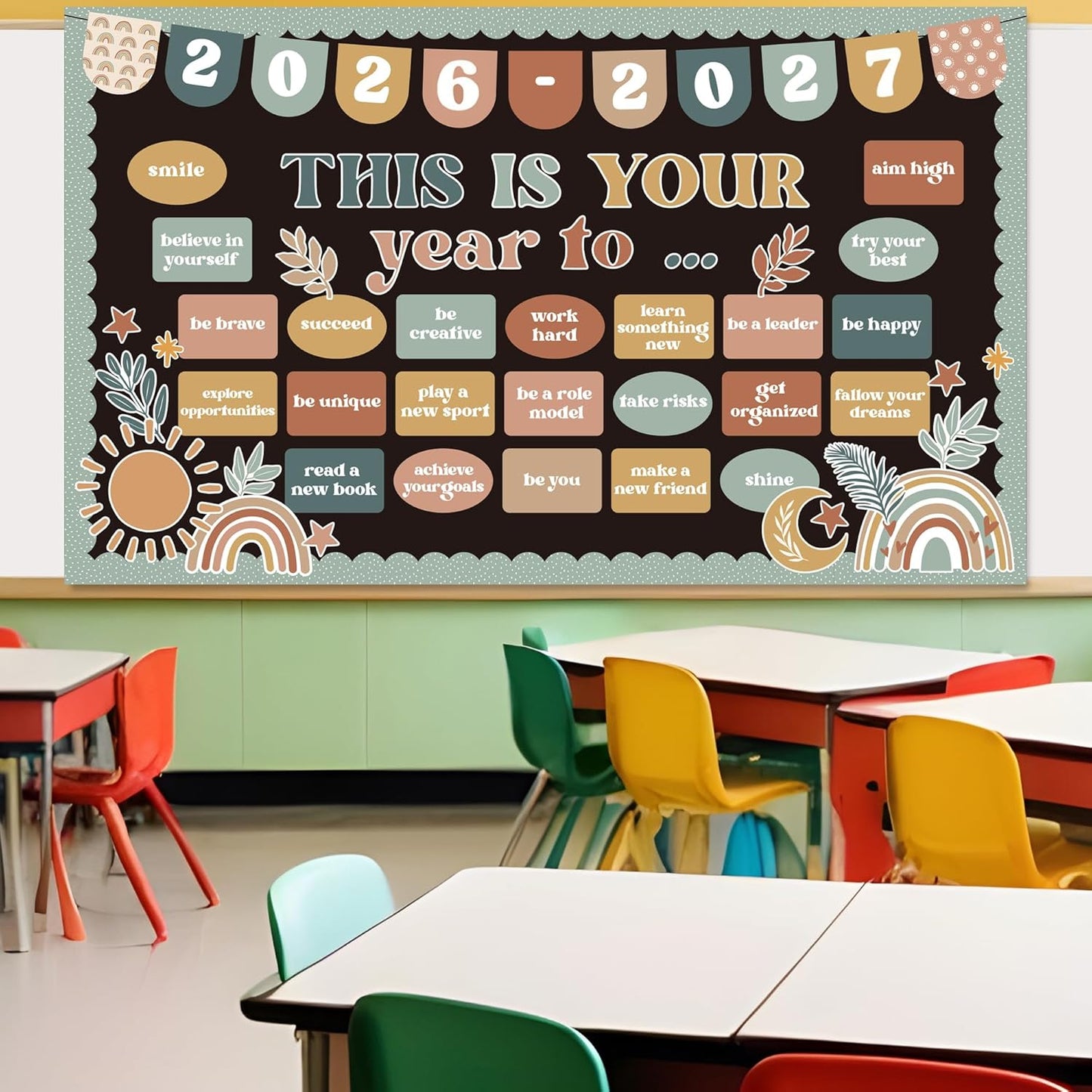 Skiennix Boho Bulletin Board Set - Inspirational Retro Decor for Classroom & Office | Welcome Back to School Cutouts