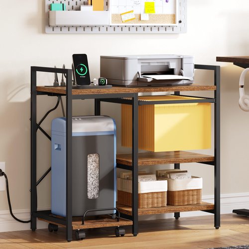 YITAHOME Printer Stand with Storage, 3 Tier Office Printer Desk Stand, Printer Stand for Home Office, File Cabinet with Charging Station, Brown