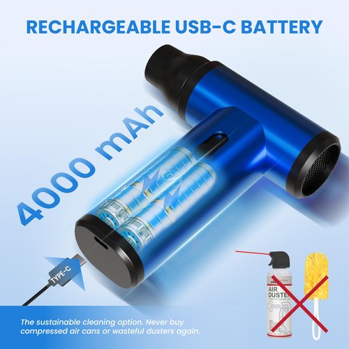 Compressed Air Duster Blower Gun, Cordless Electric Rechargeable Blower 150000RPM Clean Keyboards, PC, Consoles, Toys, House Dusting, Pet Drying, Fire Bellow, Grilling, Camping, Replace Canned Air