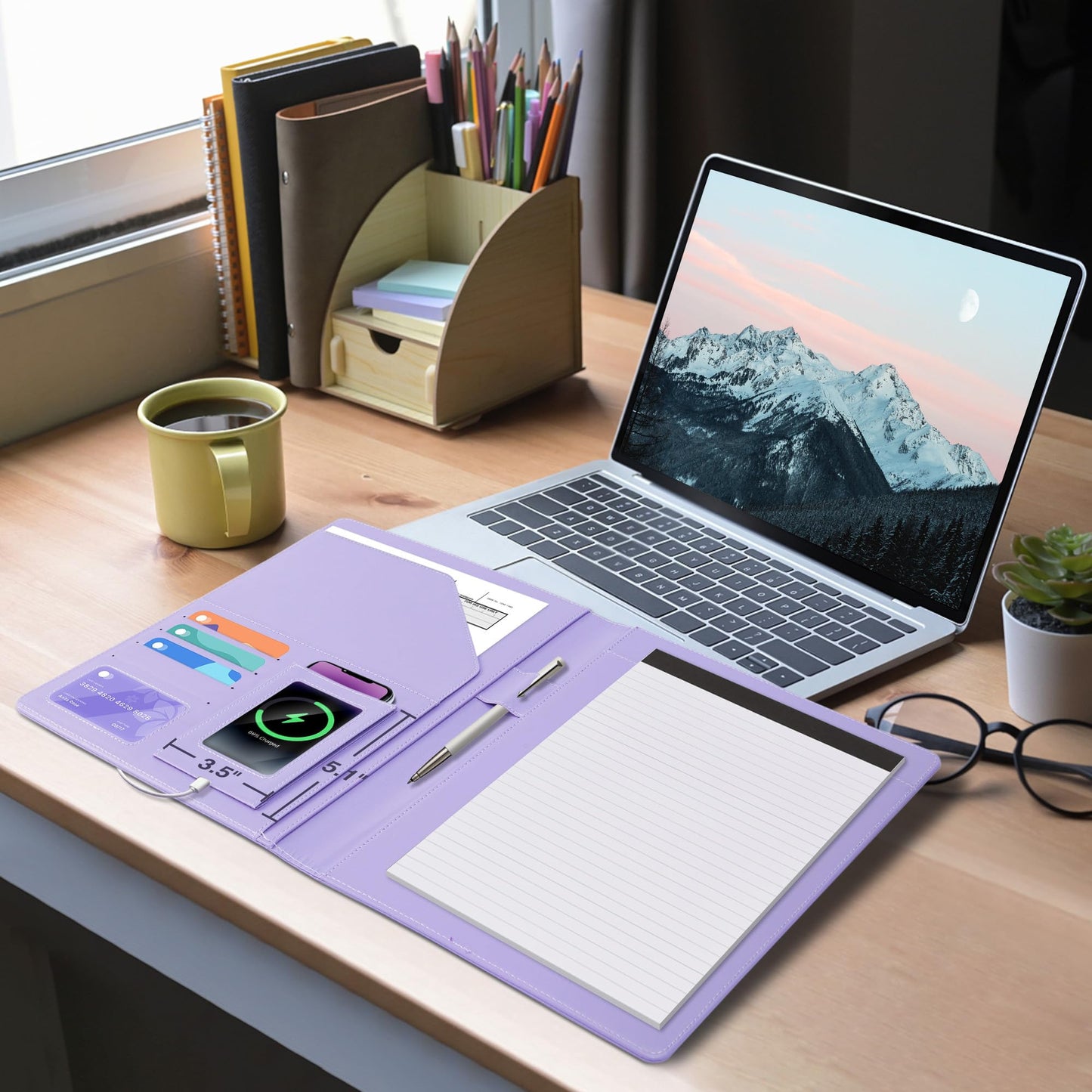 Ospelelf Foldable Leather Clipboard Folio with Notepad 8.5 x 11, Purple Business Padfolio for Women Portfolio Organizer