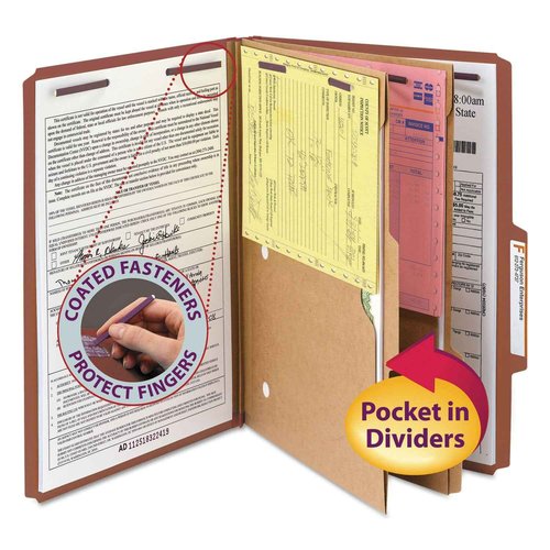 Smead Pressboard Classification File Folder with SafeSHIELD Fasteners, 2 Pocket Dividers, 2" Expansion, Legal Size, Red, 10 per Box (19079)