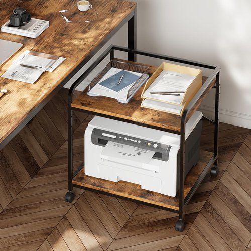 Warmiehomy Under Desk Printer Stand - Large Printer Table with Adjustable Storage Shelf - 2 Tier Rolling Printer Cart with Wheels - Use for 3D, Laser, Home Office (Rustic Brown)