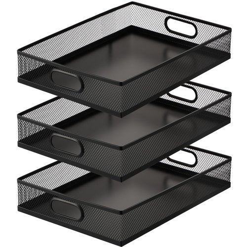 Tandefio 3 Pcs Desk Drawer Organizer Bulk Metal Mesh Trays A4 Large Desktop Storage Box Portable Wire File Basket with Handle for Office Supplies Craft Magazine Paper 12.87" x 9" x 2.4"(Black)