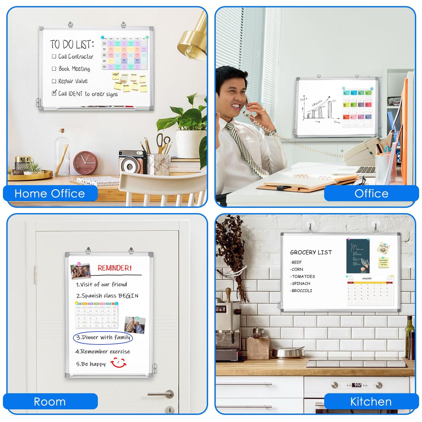 Magnetic White Board for Wall, 24" x 18" Dry Erase Board Hanging Whiteboard with Aluminum Frame for Office Home, Includes 1 Eraser & 3 Markers & 6 Magnets